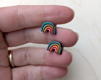 Rainbow Stud Earrings, Hand Painted Wood Earrings, Handmade Jewelry, Tiny Hand Painted Laser Cut Wooden Rainbows