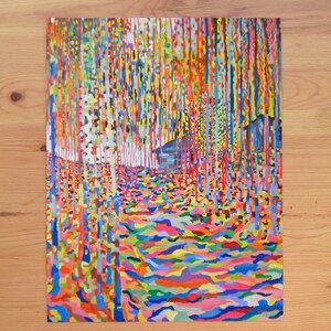 Into The Woods Colorful Art Print, Birch Tree Forest, Pixel Pattern Painting, Abstract Illustration image 2