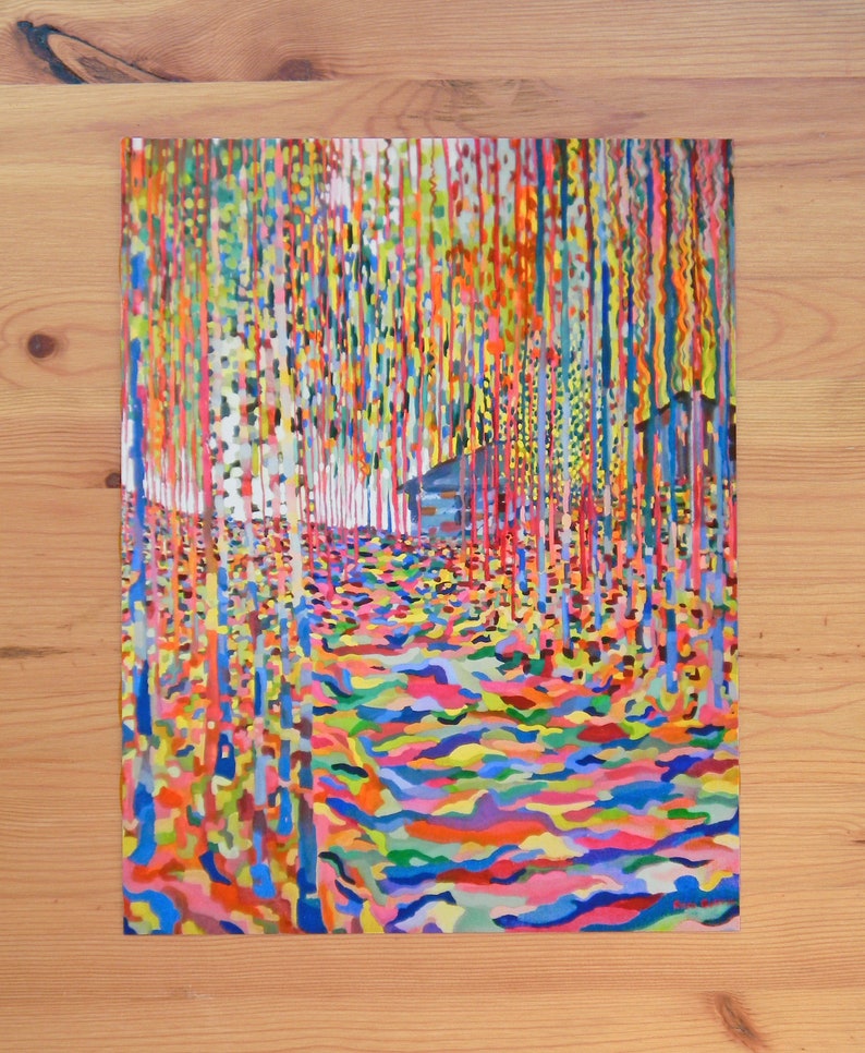 Into The Woods Colorful Art Print, Birch Tree Forest, Pixel Pattern Painting, Abstract Illustration image 2