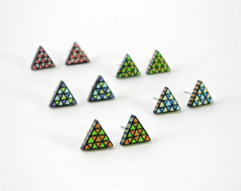 Triangle Stud Earrings, Minimalist Colorful Pink, Mint, and Black Geometric Tiny Studs, Handmade Jewelry, Laser-cut Hand-painted Wood