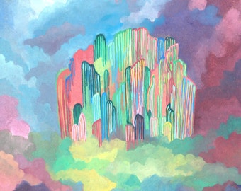 Oz || Art Print, Weeping Willow Tree Castle in the Clouds Illustration, Abstract Emerald City Painting