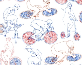 Bicycle Riders || Art Print, Biking Digital Illustration, Red White & Blue Pattern Art