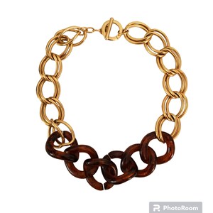 Vintage Estate Faux Tortoise Shell Lucite Chunky Link Chain Necklace Statement Piece Retro Big 80s 1980s