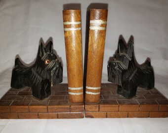 Vintage Hand Carved Wood Scottie Dog Pair Bookends Mid Century Modern MCM Scottish Terrier Retro Home Library Decor Made in Japan 1950s 50s