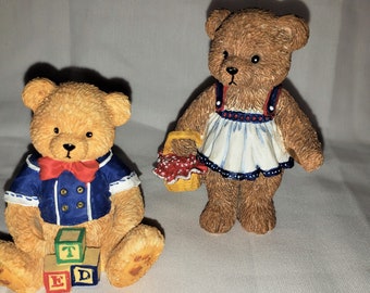 Pair Bronson Bears Olde Time Teddies Vintage Figurines Ted Lovely Day For A Picnic Retro Home Decor Sentimental Gift 1995