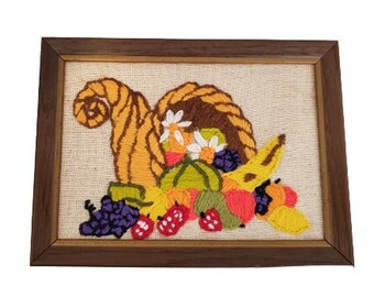 Crewel Embroidery Fall Bounty Cornucopia Completed Framed 8 x 6 Boho Cottagecore 1970s 70s