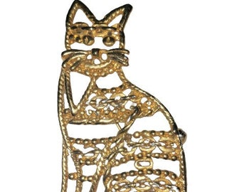 Vintage Cat Brooch Pin Large Golden Toned Chain Edging Filigree Openwork Attributed To AJC c1980s NICE