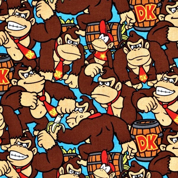 Donkey Kong Allover Fabric Licenced Nintendo Novelty Quilting Cotton Gamer Monkey Video Game Fabric By The 1/2 Yard