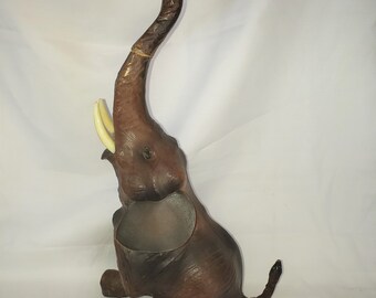 Vintage Leather Wrapped Baby Elephant Glass Eyes Leather Ears Trunk Up 16" Tall MCM Mid Century Modern 1950s-1960s