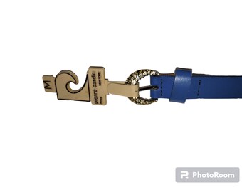 VINTAGE 80s 90s Blue PIERRE CARDIN Skinny Leather Belt Gold  display picture 3