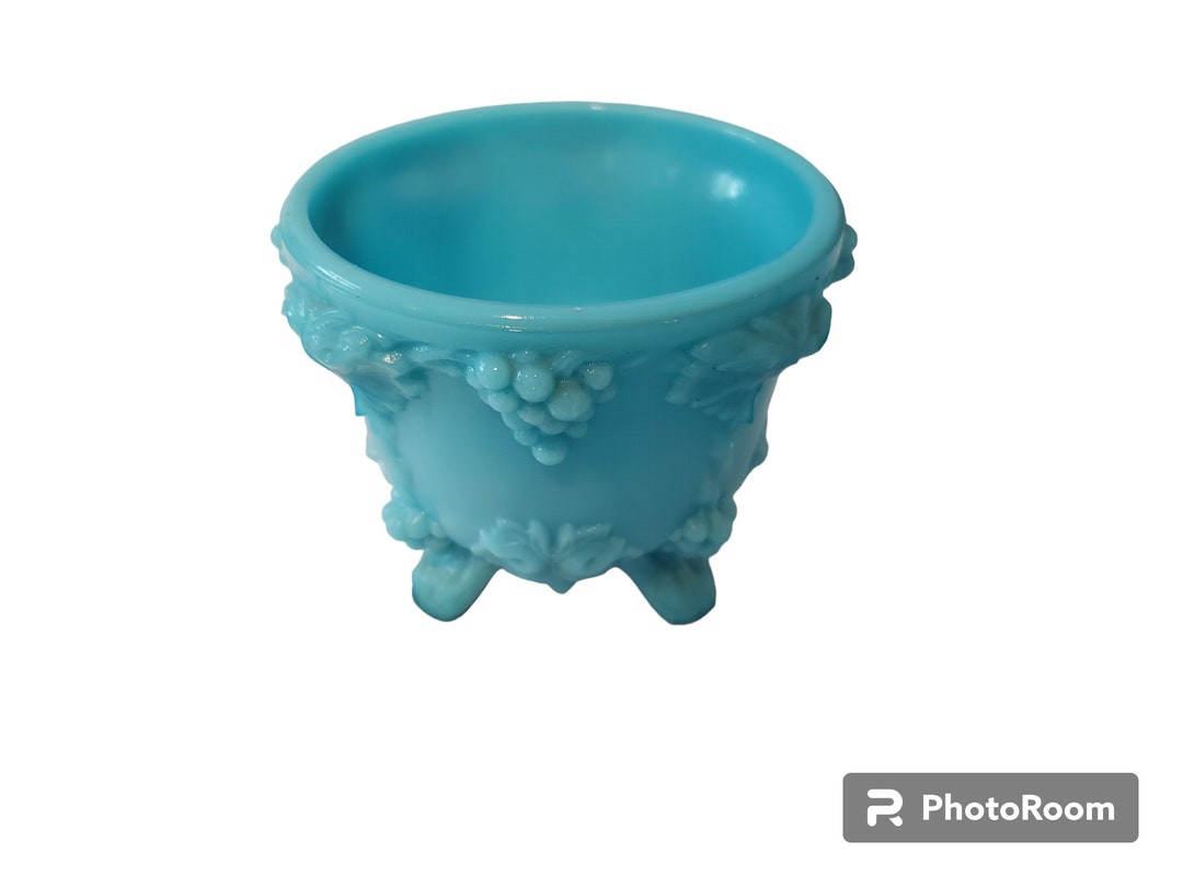 Vintage Blue Milk Glass Candy Bowl Grapes and Leaves Compote