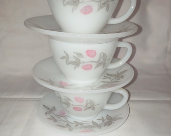 3 Vintage Clover Blossom FEDERAL GLASS Teacup Saucer Set Milk Glass Pink Flowers Leaves Retro Mid Century Dining Pattern 1950s 1960s