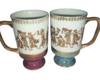 Pair Royal Crown Arnart Smugmugs Mugs Festival Pattern 1532 Lusterware Blue Purple Gold Trim Footed Teacups Greek Life 1990s 90s