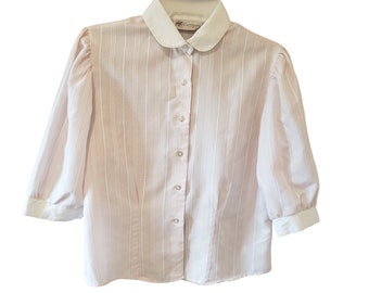 Striped Blouse Pastel Pink Button Down Shirt Top Round Collar Vintage Carousel M Retro 1980s 80s