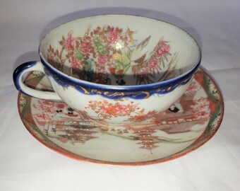 Vintage Geisha Teacup & Saucer Cherry Blossom Umbrella Hand Painted Moriage Metallic Gold Cobalt Blue Red Japan 1950s 50s