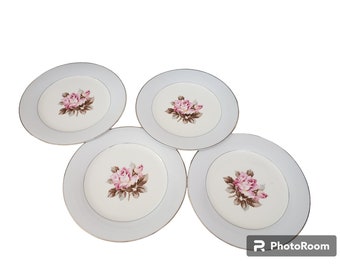 Noritake China 5285 Rosetta Pink Rosebud 10.5 Set of 4 Dinner Plate Platinum Band Vintage 1950s 50s