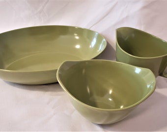 Oneida OD Avocado Green Melamine Creamer Sugar Vegetable Bowl Set Vintage 1970s Retro 70s Kitchen Dinnerware Completer Set