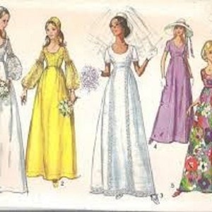 May include: Illustration of five vintage dresses. The dresses include a white wedding gown with long sleeves, a yellow dress with long sleeves, a white wedding gown with a veil, a lavender dress with a hat, and a floral print dress.
