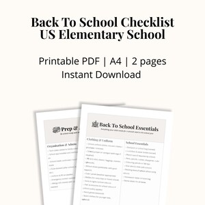 May include: A printable PDF checklist for US Elementary School, featuring a list of school essentials and a prep section. The document is A4 size and available for instant download.
