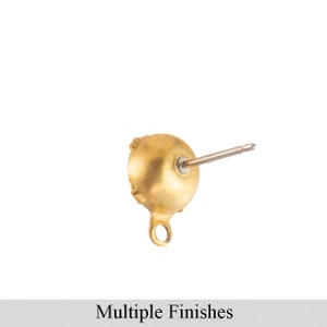 May include: Gold earring finding with a loop and a post. The post is made of metal and has a small, round head. The loop is also made of metal and is attached to the head of the post.