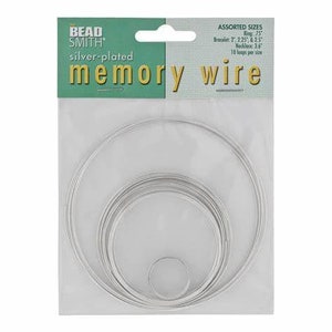 May include: Silver-plated memory wire in assorted sizes, including 7/8 inch rings, 2 inch, 2.25 inch, and 2.5 inch bracelets, and 3.6 inch necklaces. Each size comes with 10 loops.