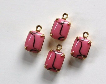 Vintage Opaque Dark Pink Stones with Black 1 Loop Brass Setting 10x8mm (4)