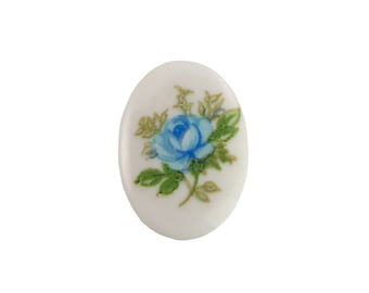 18x13mm Blue Rose on White Glass Oval Cabochons (4)