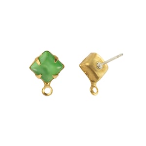 May include: Two gold-toned earring posts featuring a square, light green cabochon stone set in a four-prong setting. Each earring component includes a small circular loop at the bottom for attaching additional jewellery elements or charms.