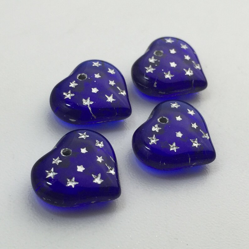 Cobalt Blue Hearts W/ Silver Painted Engraved Star Beads 14x12mm 8 bds1011A image 2