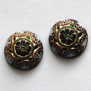 Vintage Black Mosaic Glass Cabochons with Gold White Green 14mm (1) cab757F