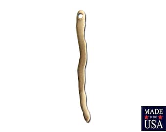 May include: A gold-colored metal pendant with a wavy, irregular shape and a small hole at the top for attaching a chain or cord.