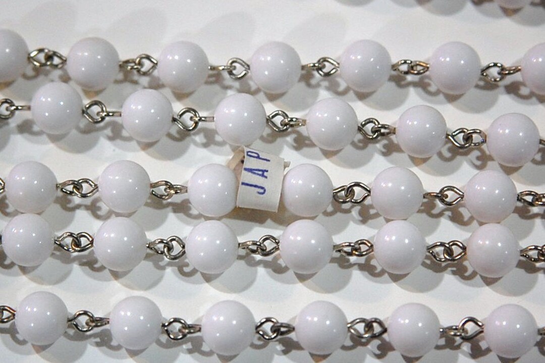 Vintage White Plastic Beaded Chain Silver Tone Links Japan Etsy