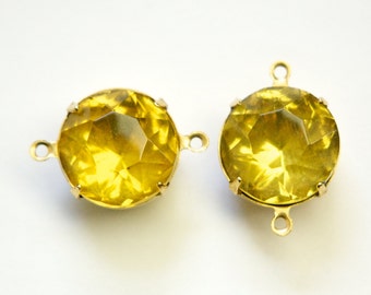 Vintage Jonquil Faceted Glass Stones 2 Loop Brass Settings 15mm rnd012J2
