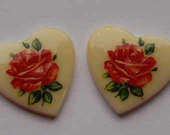 Vintage Red Rose Floral Glass Heart Cabochons Japan 25mm (2) cab609