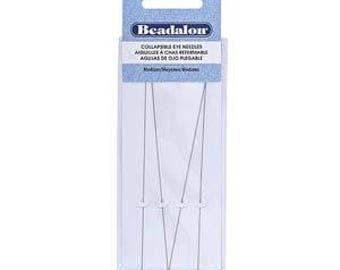 May include: Package of four silver Beadalon collapsible eye needles. The needles are packaged in a clear plastic box with a white label that reads "Beadalon Collapsible Eye Needles" and "4 pcs./pzs."
