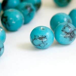 Vintage Opaque Blue Turquoise with Black Designs Glass Beads Japan 10mm 6 jpn007B image 1
