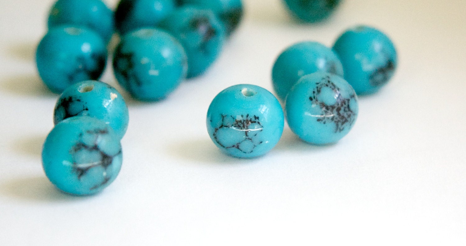 Vintage Opaque Blue Turquoise With Black Designs Glass Beads Etsy