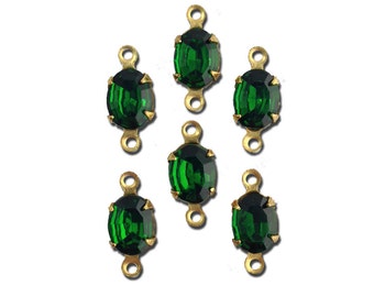 Vintage Emerald Faceted Glass Stones 2 Loop Brass Setting 8x6mm (6) ovl012G2