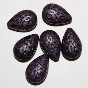 Vintage Style Deep Purple Etched Teardrop Tear Drop Beads (6) bds120B