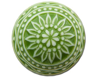 Vintage Etched Mosaic Green and White Cabochons 18mm (2) cab710G