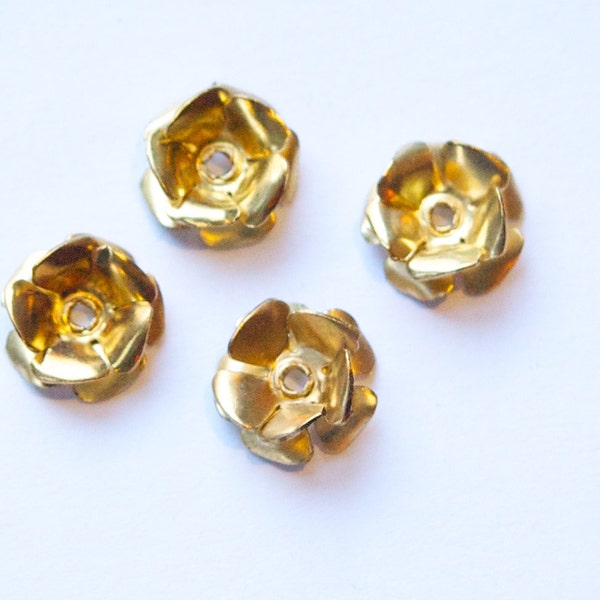 Raw Brass Double Layered Flower Findings Spacer or Bead Cap (4) mtl162