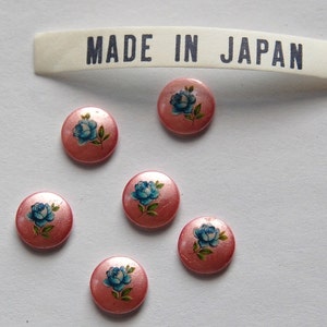 Vintage Blue Rose on Pink Flower Cabochons Japan 8mm (6) cab426A
