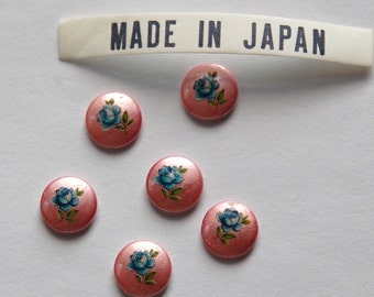 Vintage Blue Rose on Pink Flower Cabochons Japan 8mm (6) cab426A