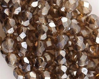 4mm Luster Smoky Topaz Czech Faceted Firepolish Glass Beads (50)