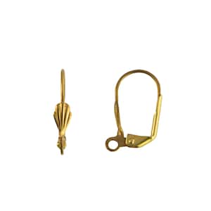 May include: Two gold-coloured earring findings. One has a decorative shell-like design, the other a simple lever-back clasp. Both are shown against a white background, highlighting their details and construction.