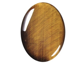 May include: A smooth, oval-shaped tiger's eye gemstone with a golden brown color and a subtle sheen.