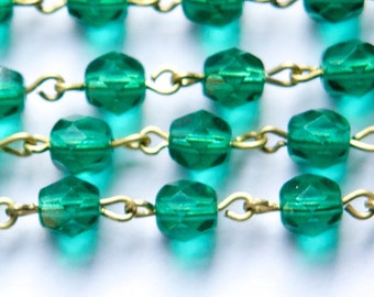 Green Faceted Czech Glass 6mm Beaded Chain Raw Brass Links chn139