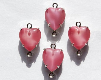 Vintage Rose Pink Moonglow Glass Heart 2 Loop Silver Plated Setting 10mm hrt009A2