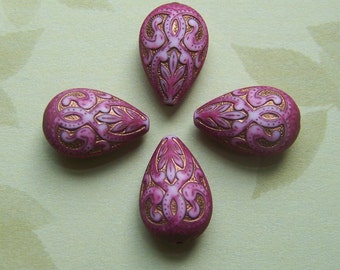 Vintage Style Pink and Gold Etched Tear Drop (6) bds120A