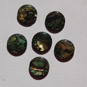 May include: Six round iridescent abalone shell buttons with a green, blue, and gold color pattern.